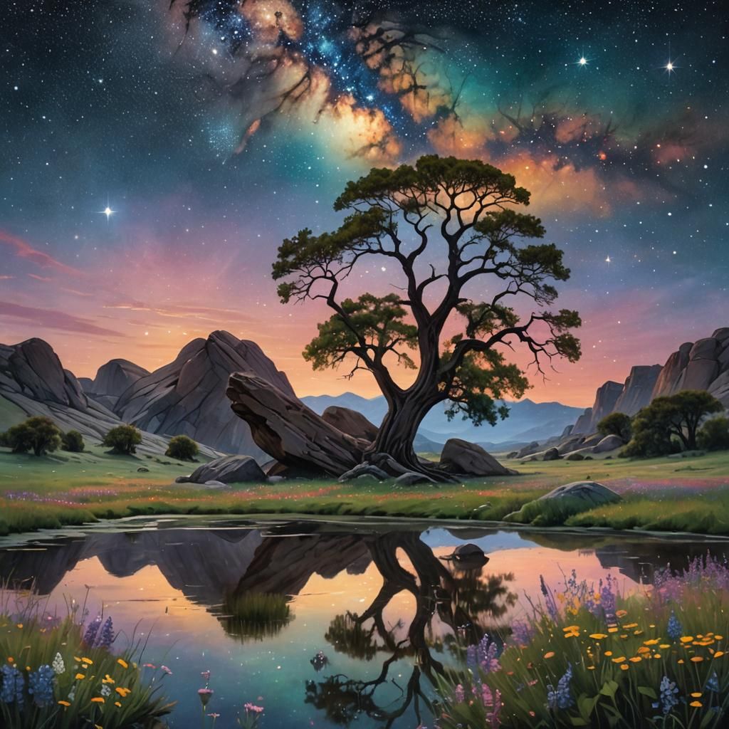 Starry Meadow Landscape Inspired by Impressionism