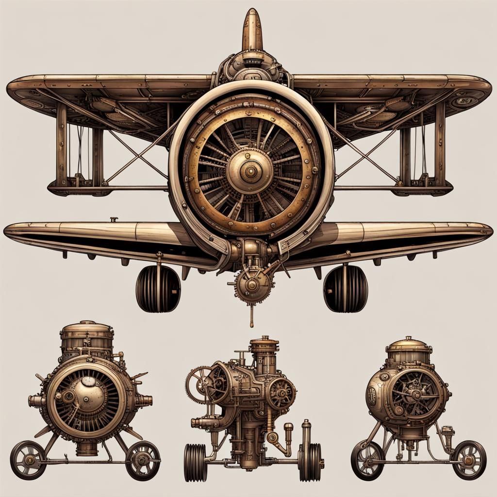Steampunk Airplane with Visible Engine