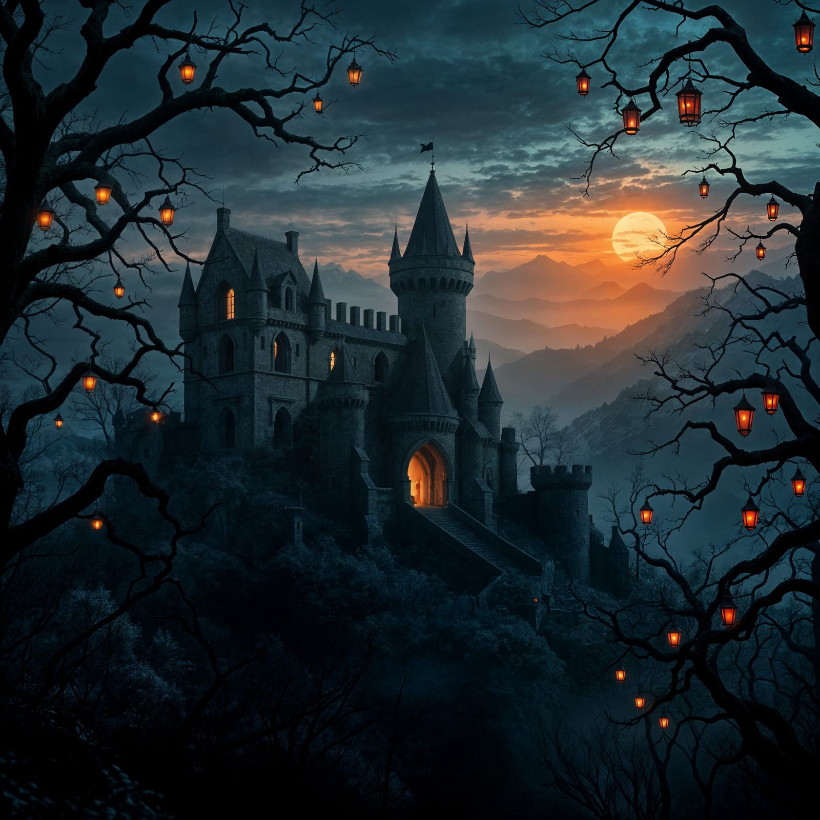 Mystical Castle Amidst Twilight Forest, with Ethereal Light ...