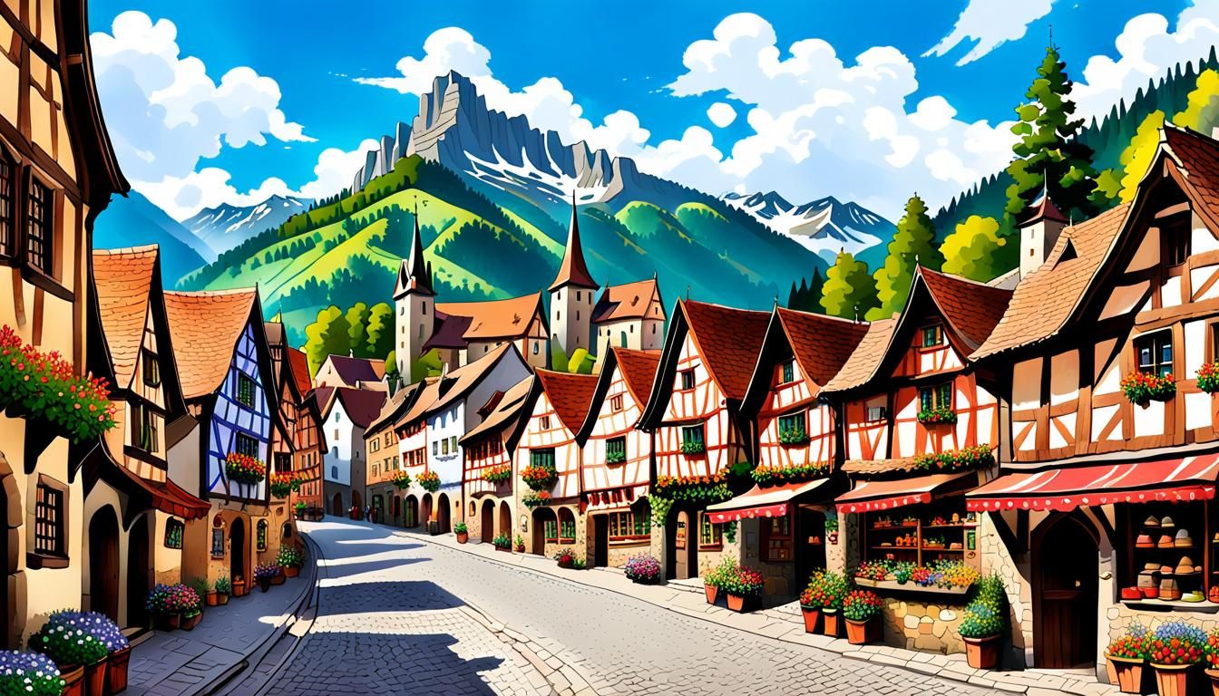 A storybook illustration of a quaint, medieval town nestled at the foot of a towering mountain range. The town is surrou...