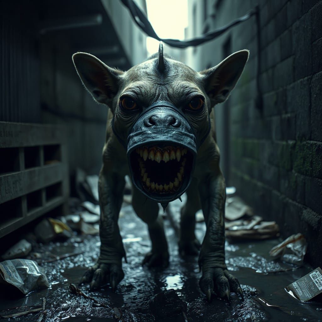 Grotesque Hybrid Creature in Dark Alleyway