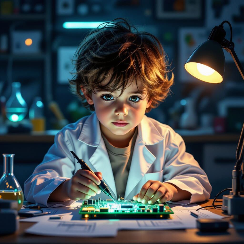 Young Prodigy With Glowing Circuit Board in Workshop