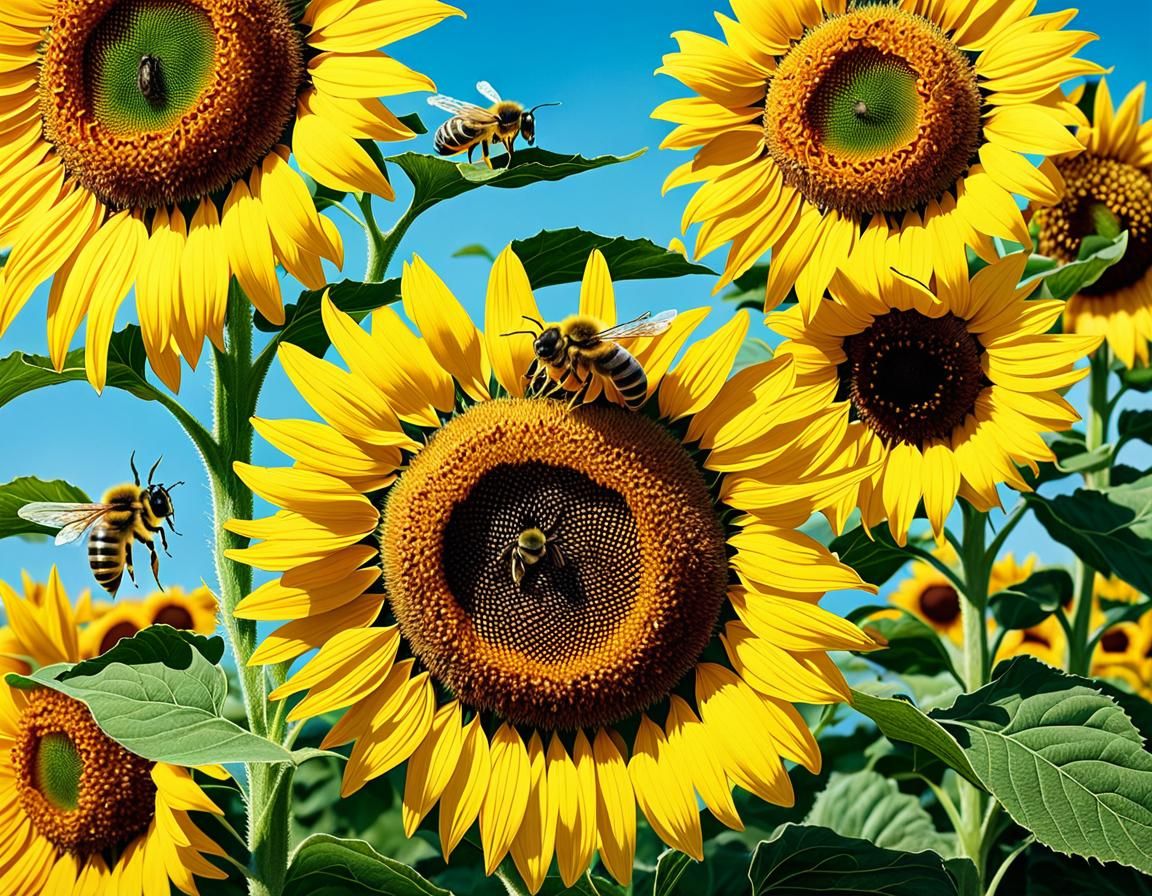 Honeybees Pollinating Sunflower in Comic Art Style