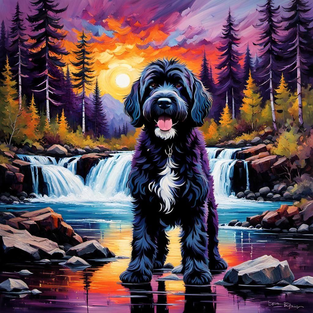 Playful Portuguese Water Dog in Tachisme Mountainscape