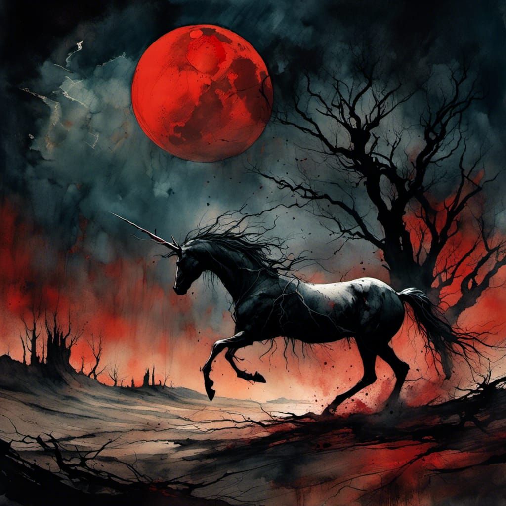 Unicorn Gallops Toward Red Moon in Dark Fairy Tale