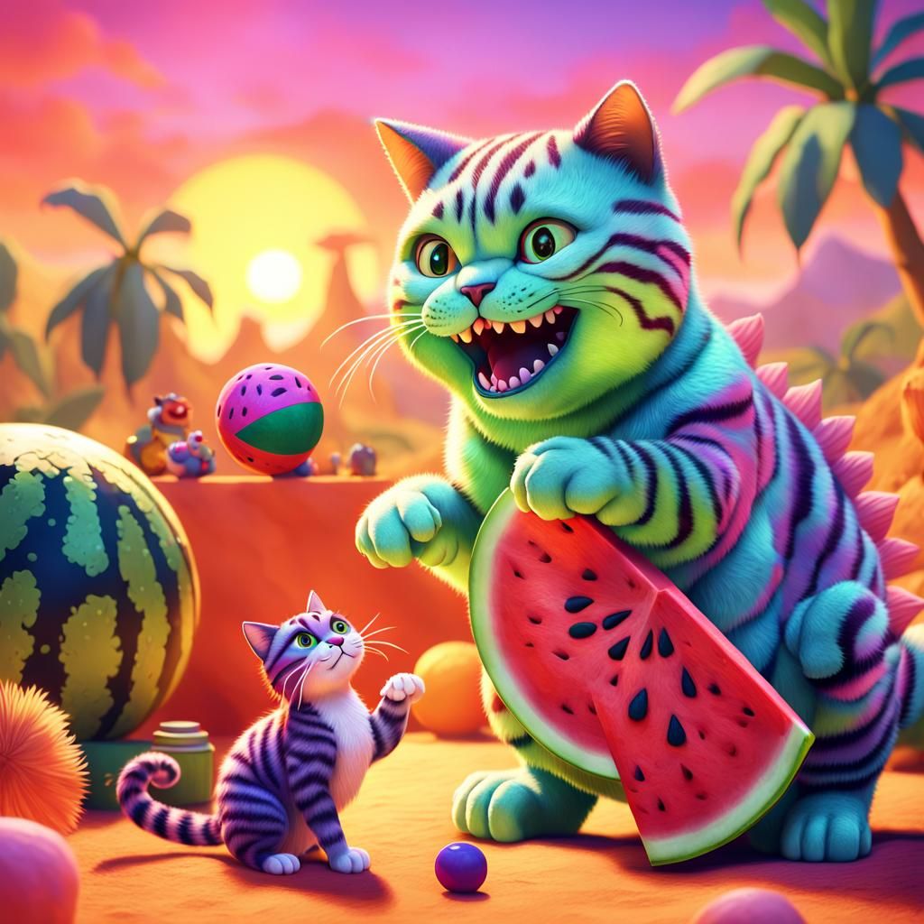 Watermelon Cat and Dinosaur in Cartoon 3D Rendering