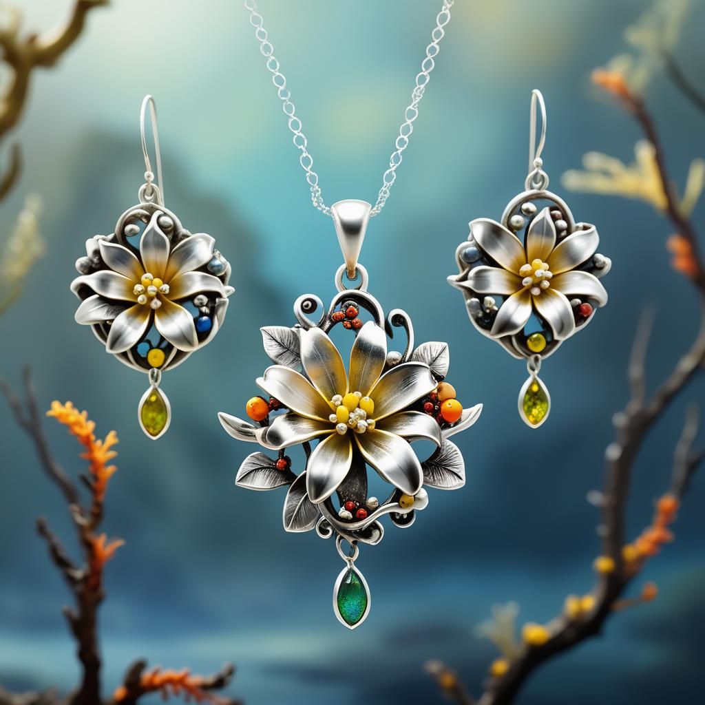 Kowhai and Lily Jewelry Set in 3D Digital Art