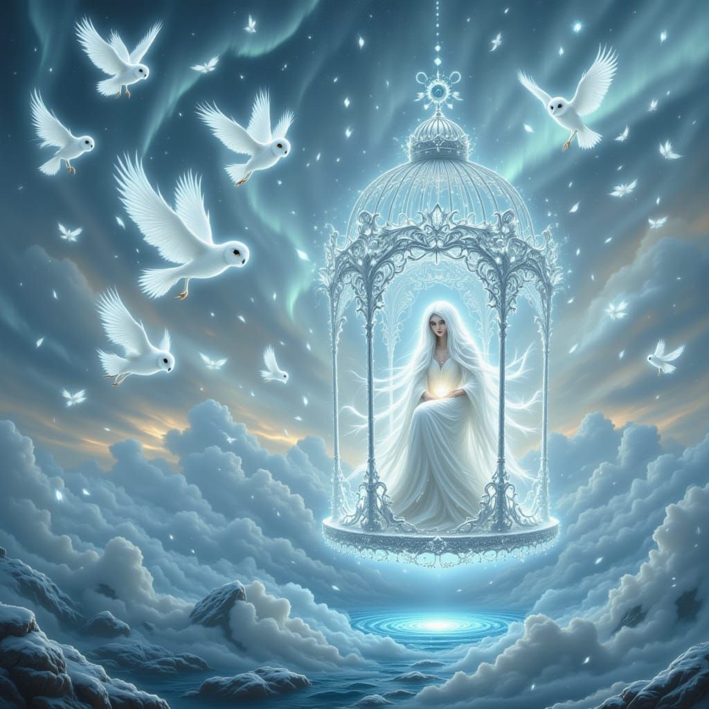 Ethereal Winter Dreamscape with Snowy Owls and Serene Woman