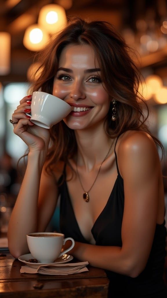 A Coffee-Drinking Beauty in a Bar