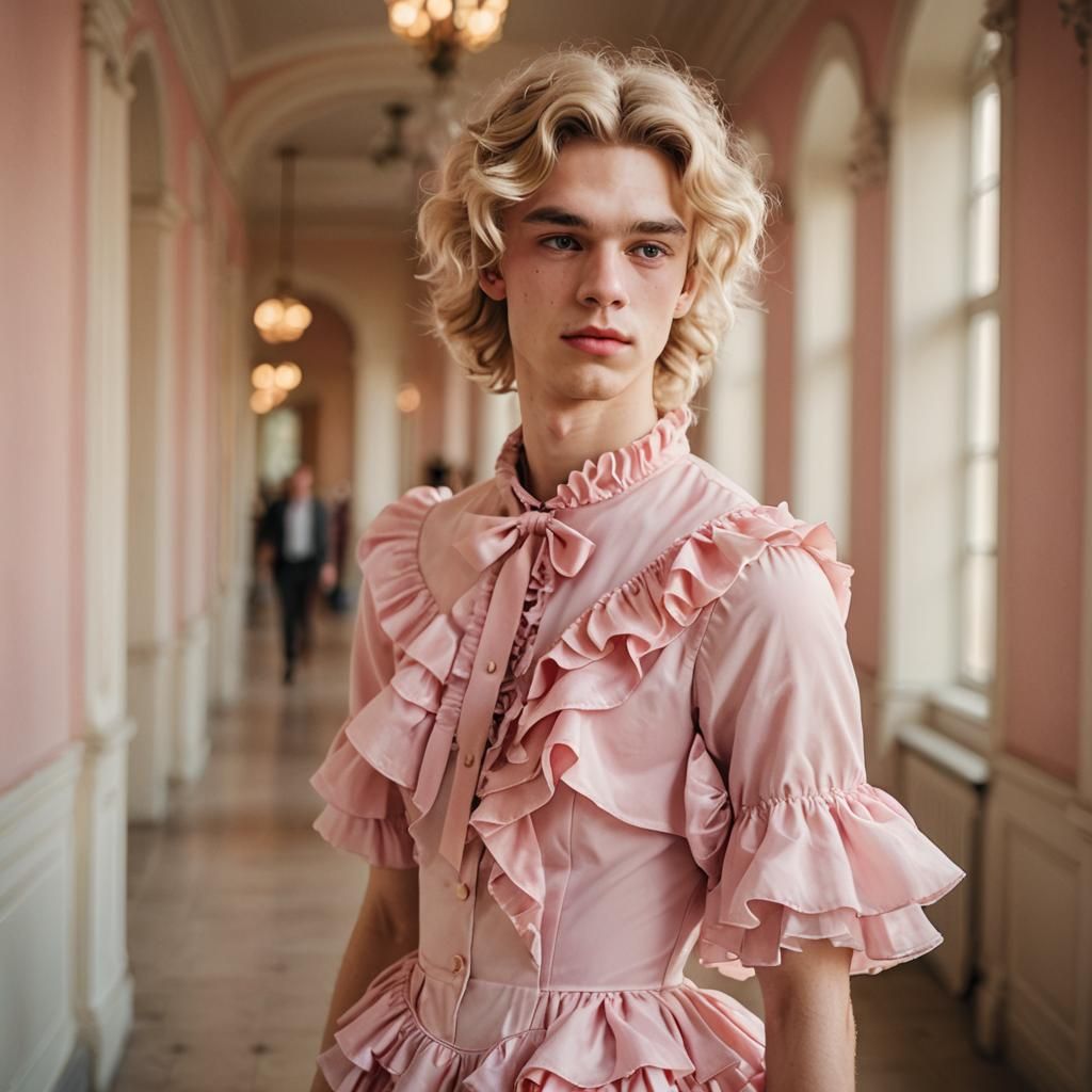 Boy in Pink Dress Learning to Walk on Heels