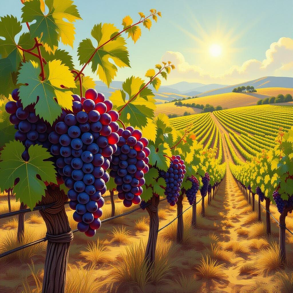 Sun-Drenched Grapes in California Vineyard, Oil Painting Sty...