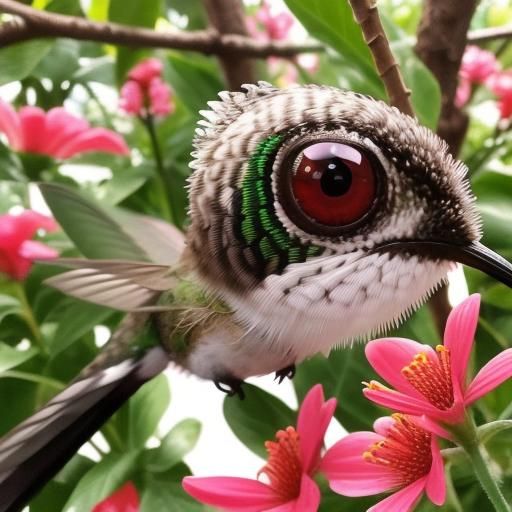 Hummingbird and Insects Sharing Flower Nectar