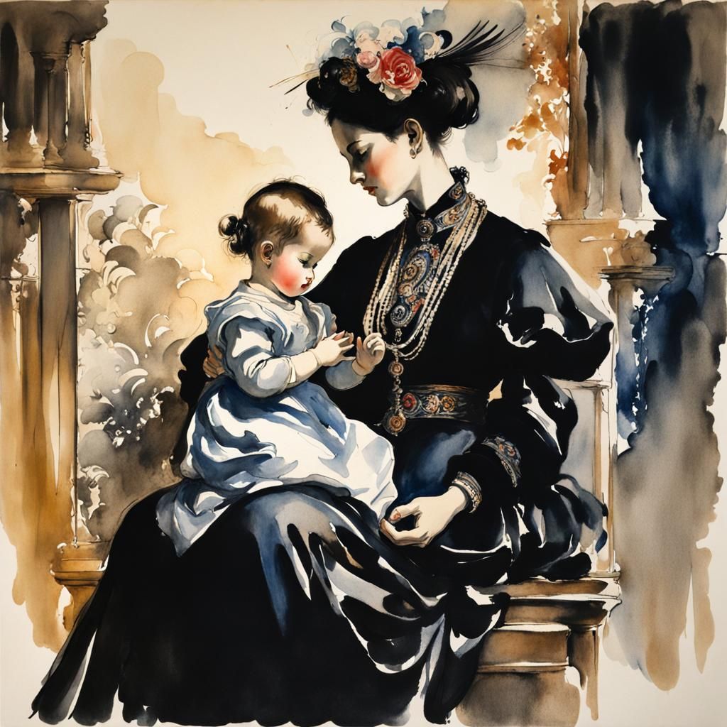 Ink Wash: Mother and Child Punk Masterpiece