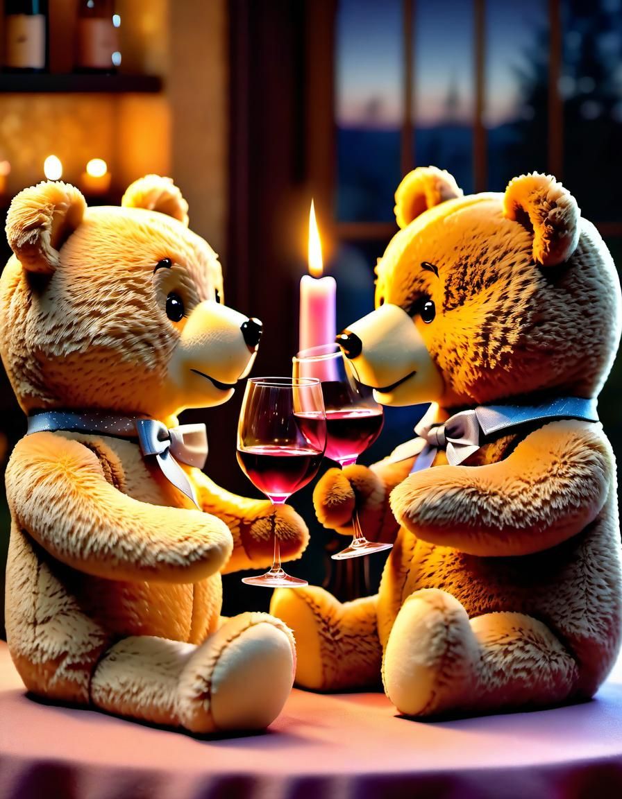 Teddy Bear Couple's Romantic Candlelit Dinner