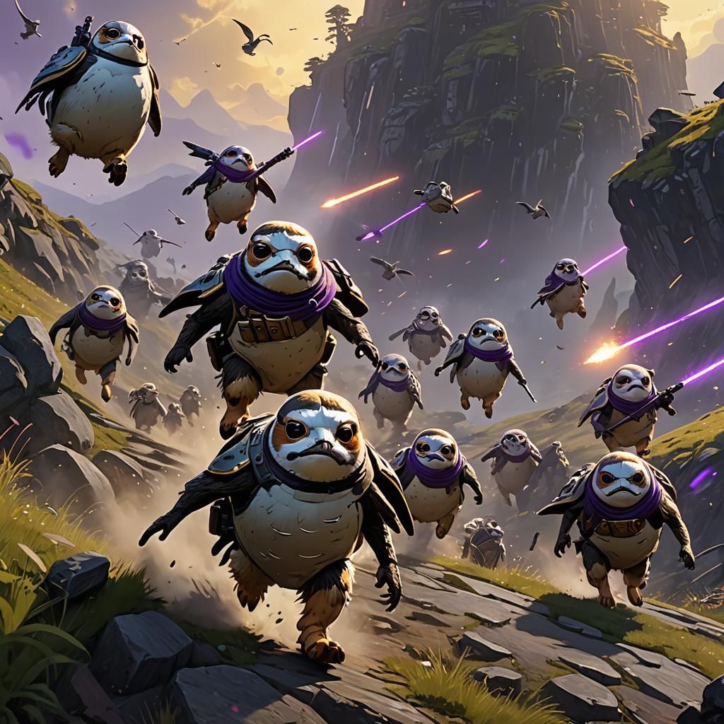 Porg Army Charge in Dark Fantasy Landscape