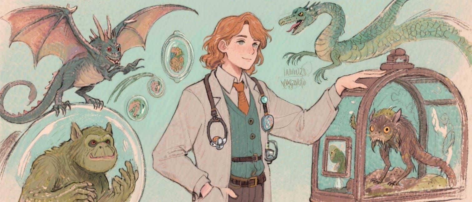 Magizoologist Caring for Magical Creatures in Realistic Sket...