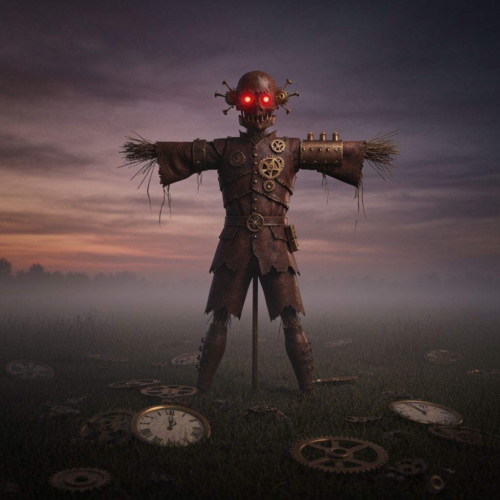 Steampunk Scarecrow in Foggy Field at Twilight