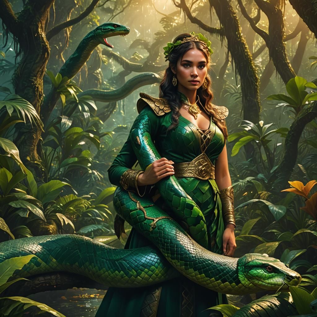 Girl with Anaconda in Mystical Forest, Art Nouveau Style