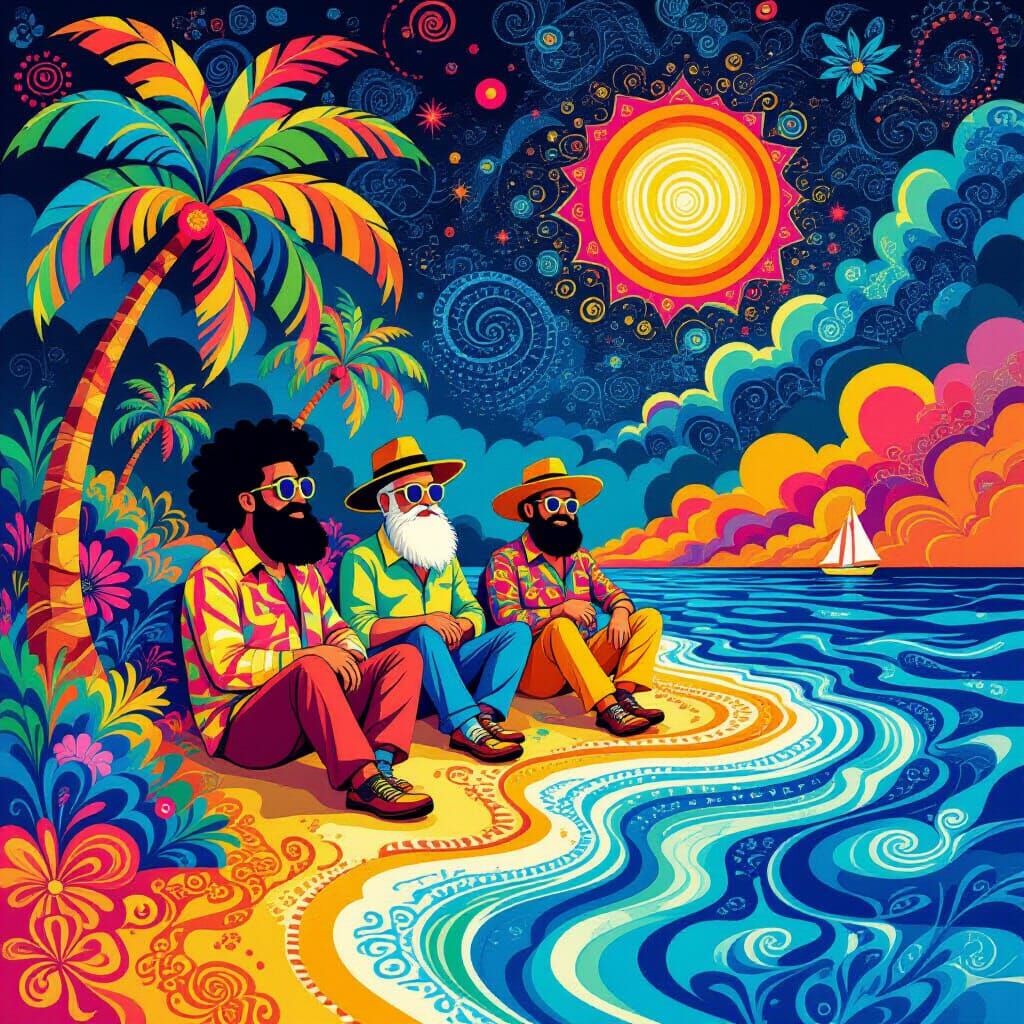 Psychedelic Caribbean Island with Freak Brothers Characters