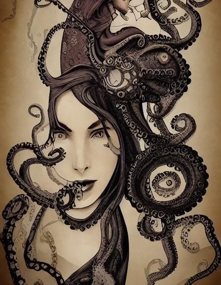 Steampunk Woman and Octopus Fusion