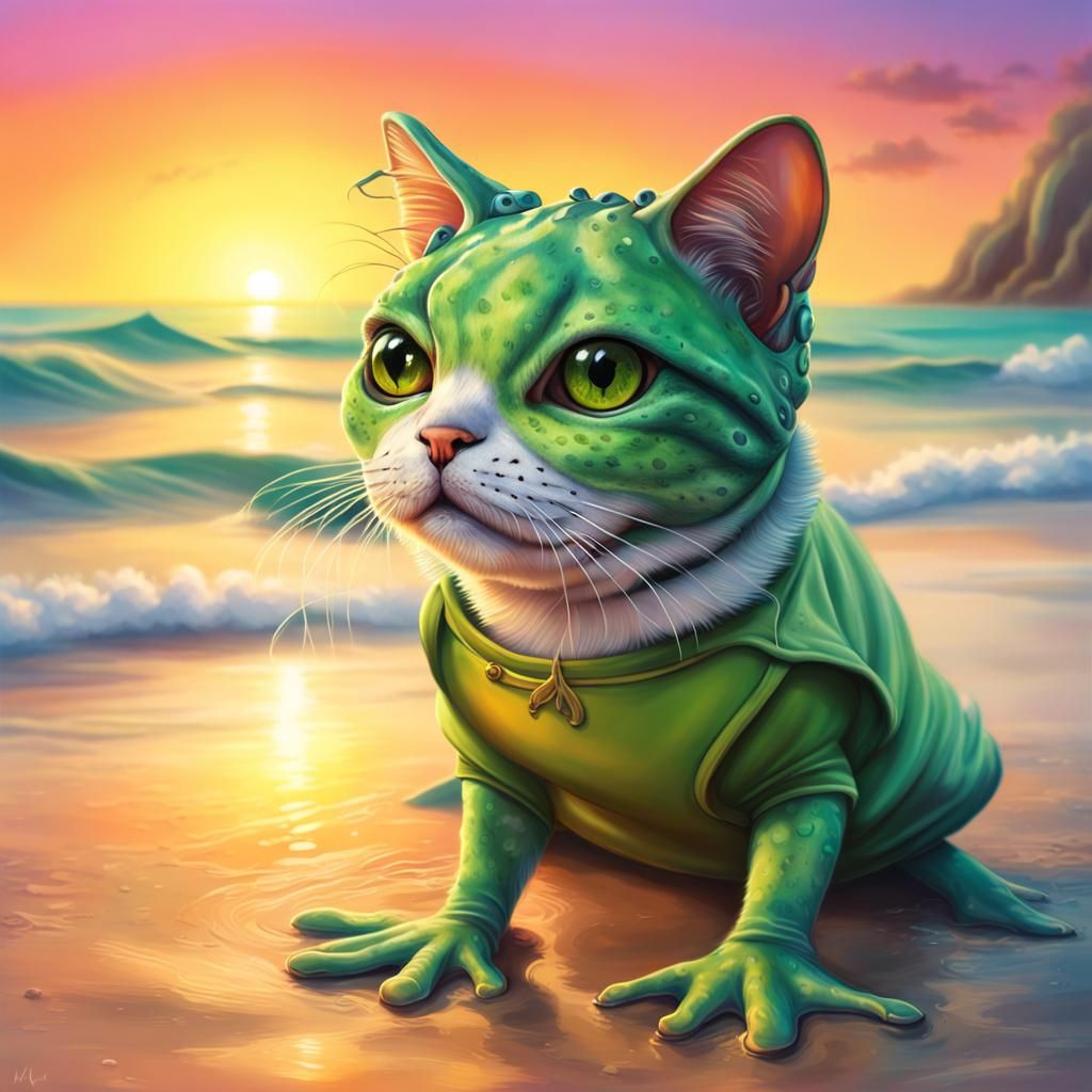 Hyperrealistic Cat-Frog on Beach at Sunset