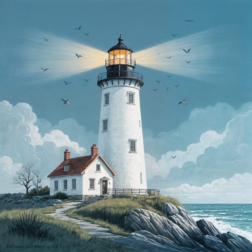 White Lighthouse as Ink and Wash Painting