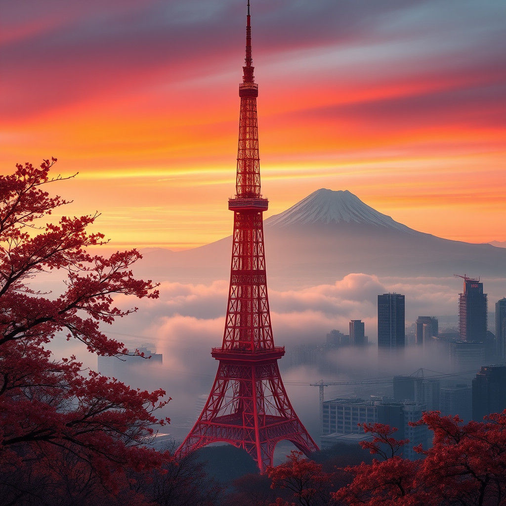 Tokyo Tower Sunset: Hyperrealistic Digital Painting