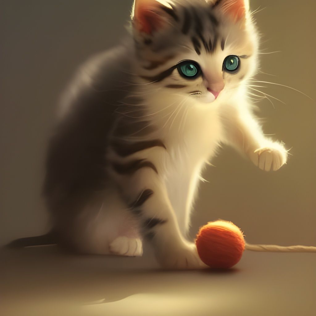 Cute Kitten Plays with Yarn: Detailed Concept Art