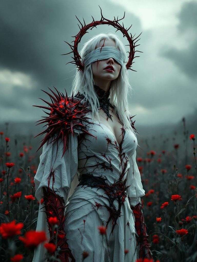 Warrior Woman with Thorn Halo in Lush Field