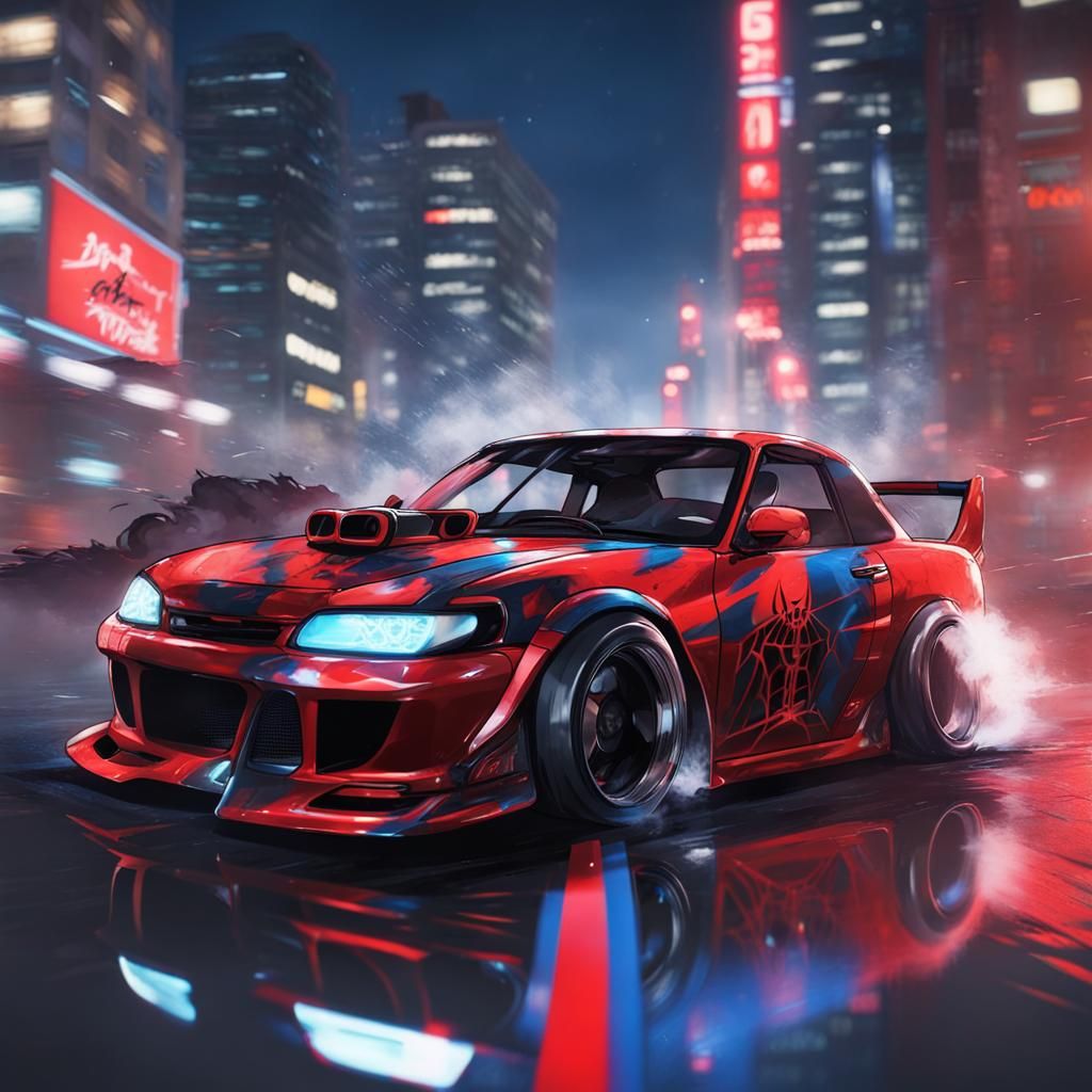 Spider-Man Car Drifting at Night in Anime Style