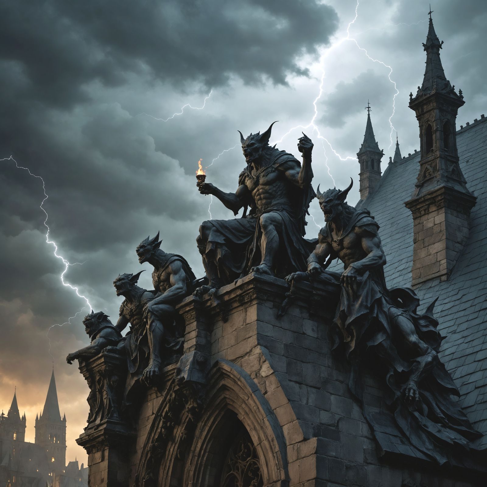 Gargoyles' Gothic Rooftop Revelry in Stormy Night