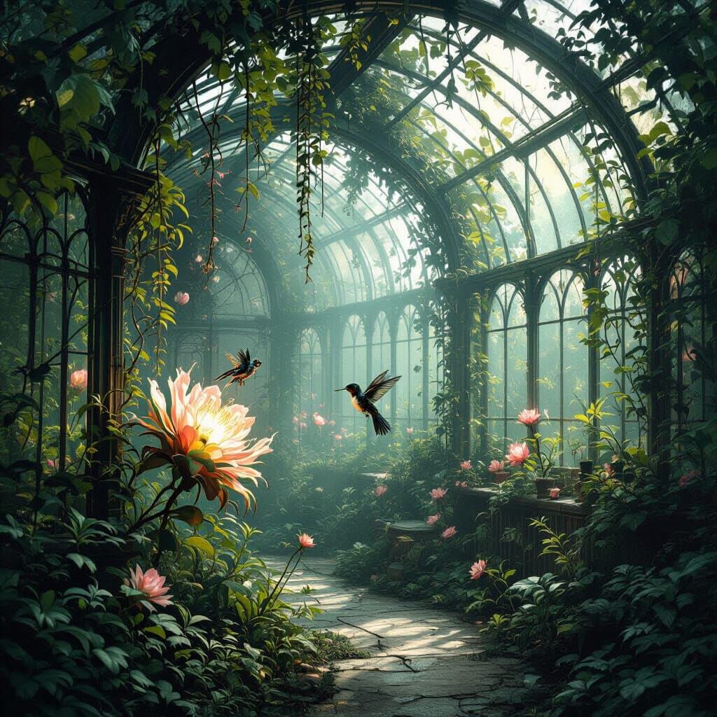 Overgrown Victorian Greenhouse with Luminous Flora
