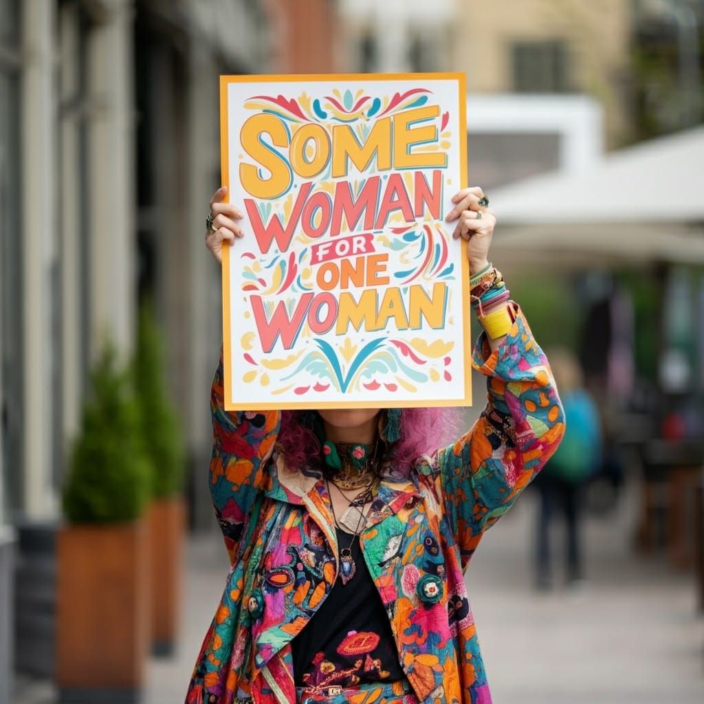 Woman Holding Playful Poster in Vibrant City Street Art