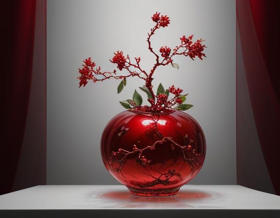 Hyperrealistic Pomegranate and Blossoms in Glass Style