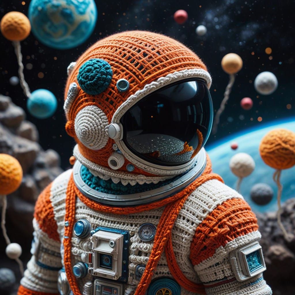 Cosmic Crocheted Space Traveler Among Vibrant Celestial Bodi...