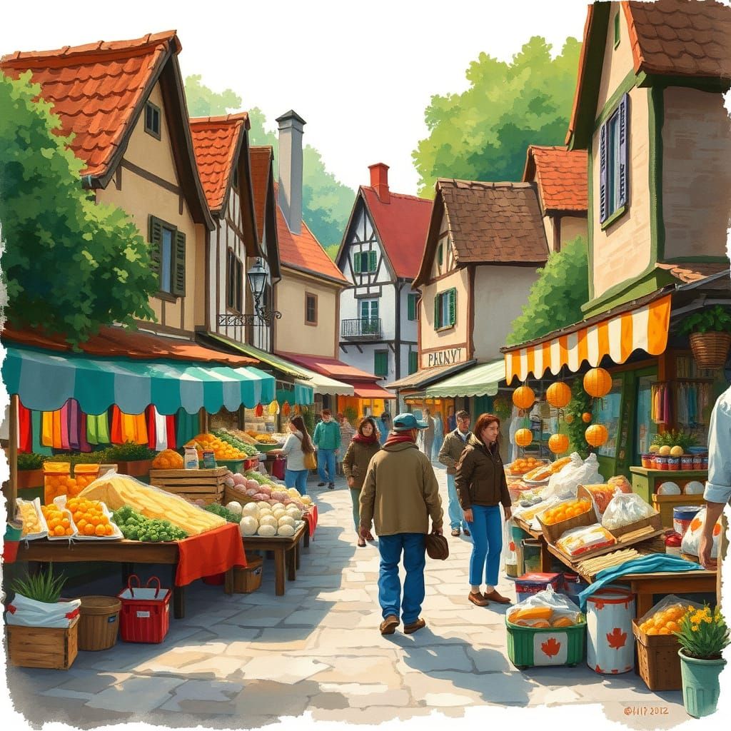Cozy Village Market in Gouache Illustration Style