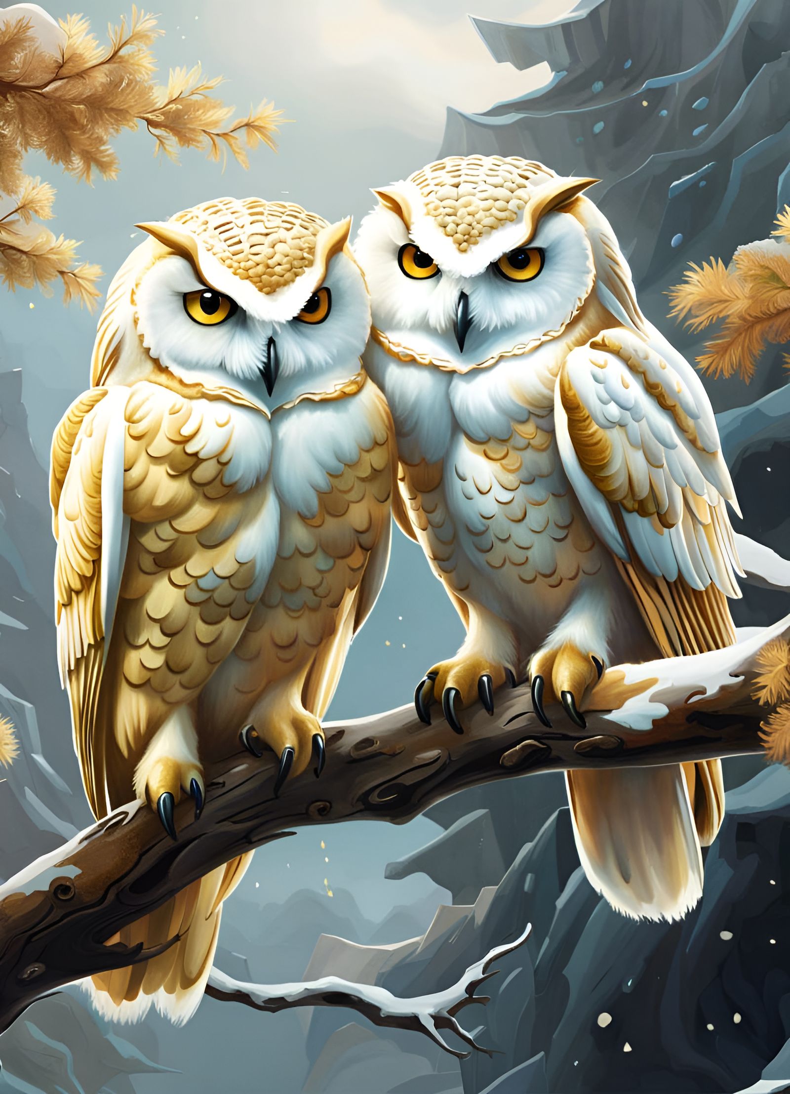 Golden Snow Owls on Branch: Watercolor Art