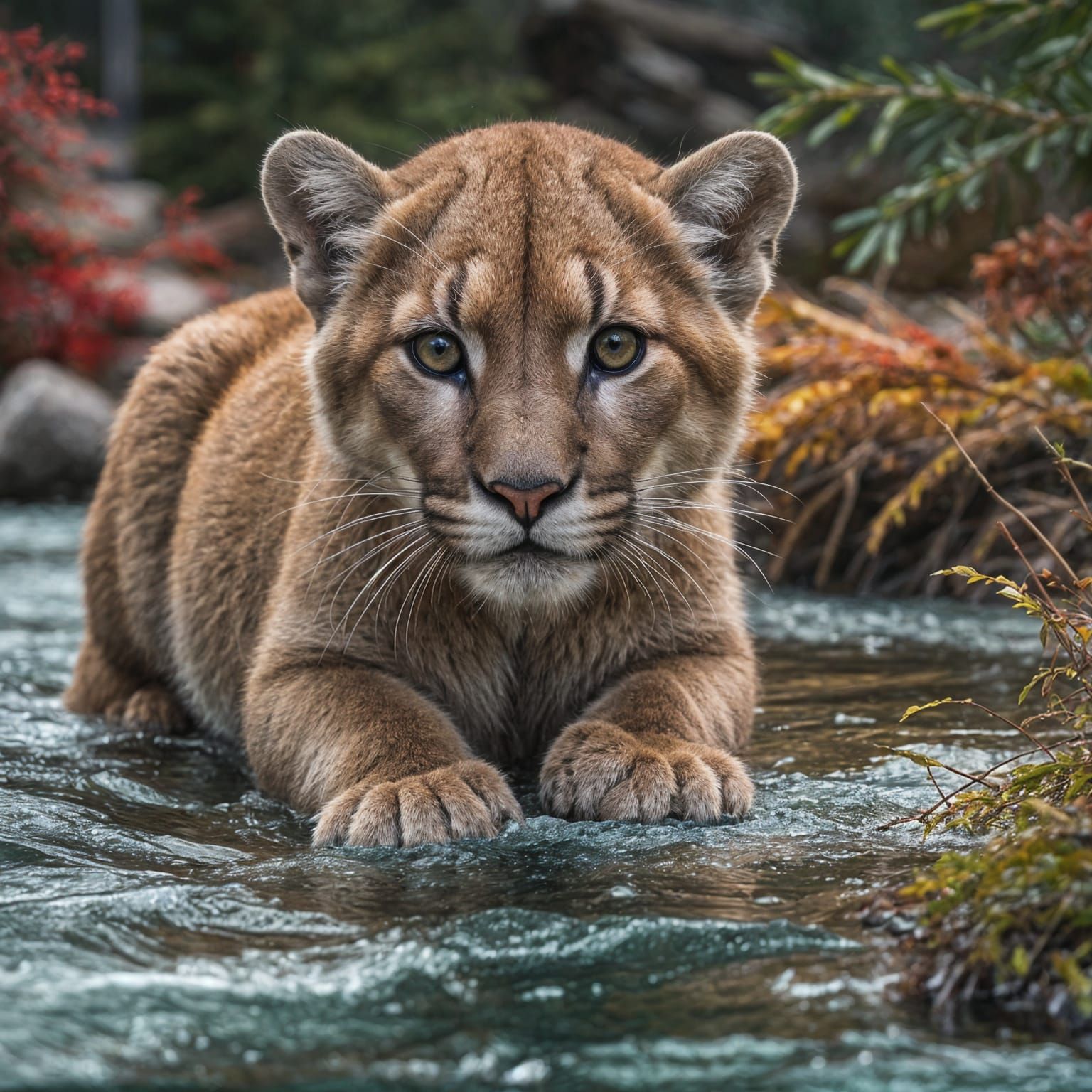 Winter Mountain Cub in Vibrant Christmas Scene