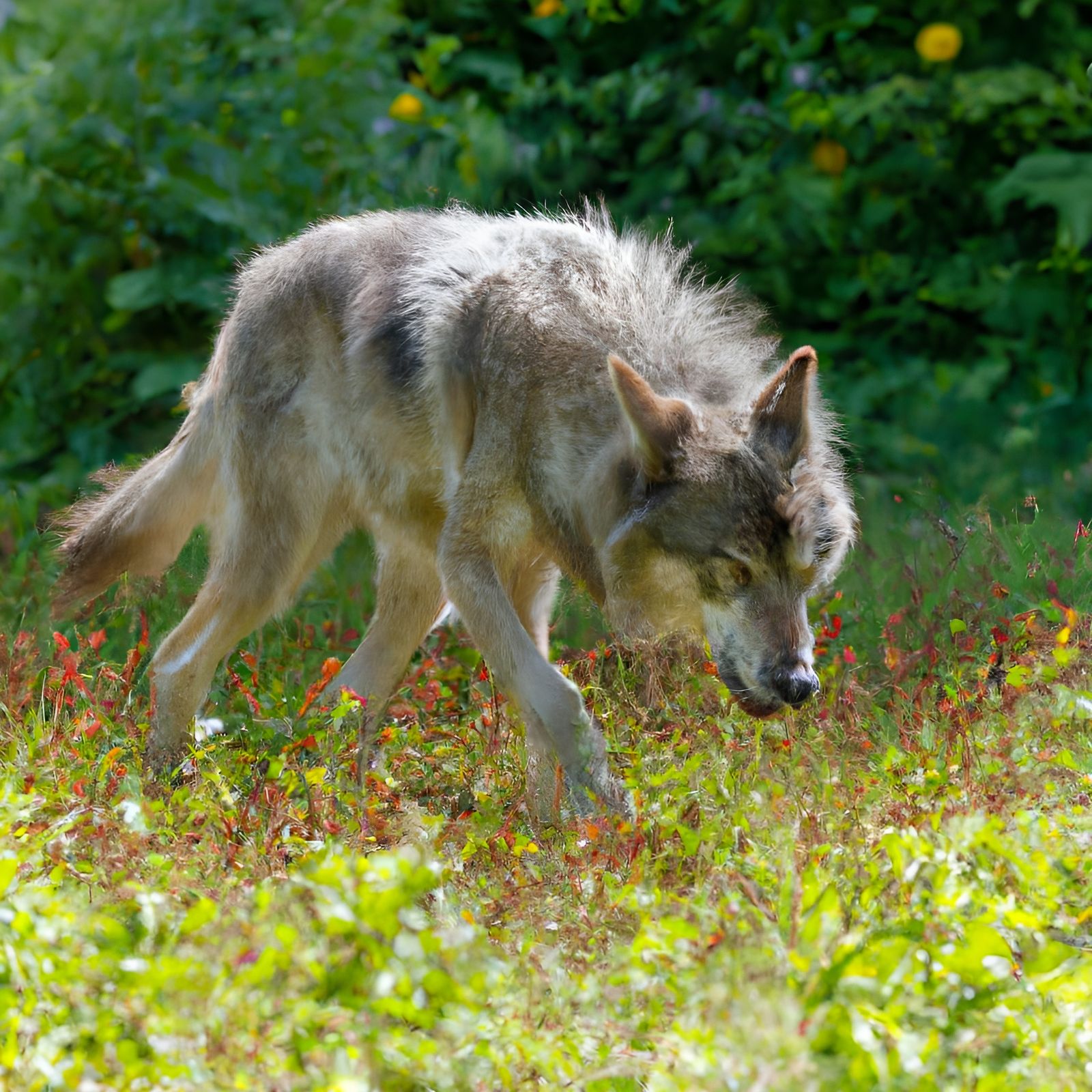 Shy Timberwolf Seeks Food in Giverny Garden