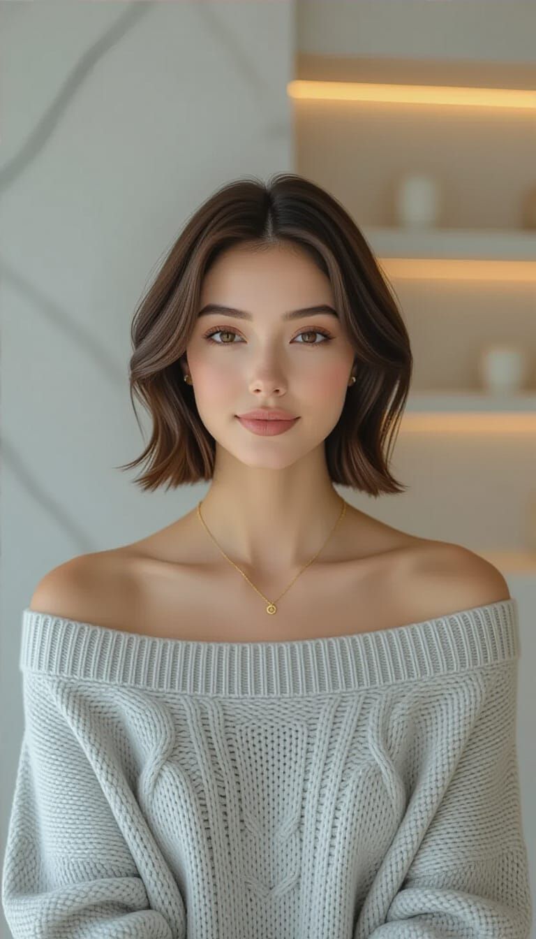 Young Woman in Cozy Sweater, Minimalist Interior Portrait