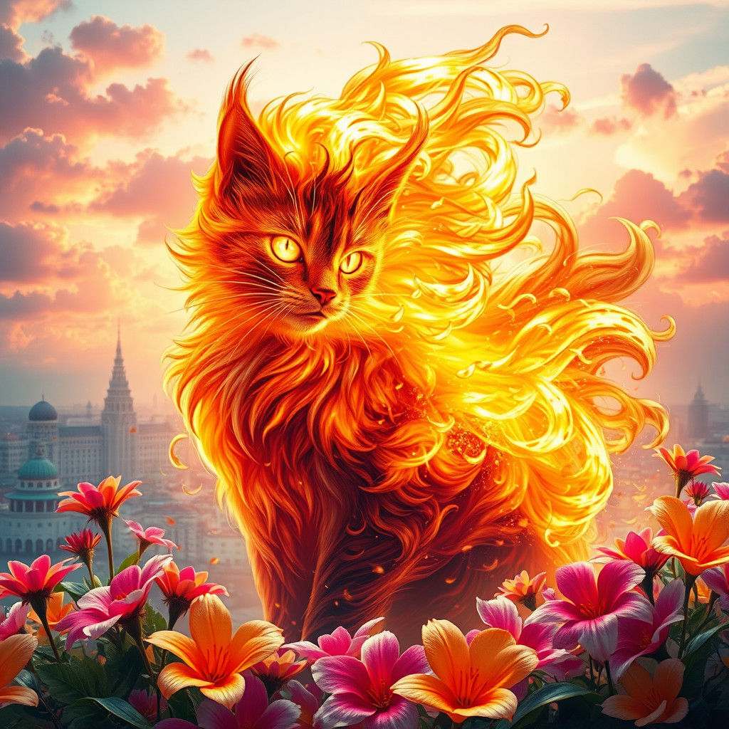 Ethereal Fire Cat Beast in Dreamlike Setting
