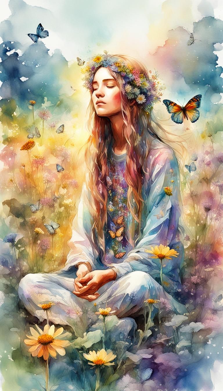 Hippie Meditating at Sunrise: Digital Watercolor Art