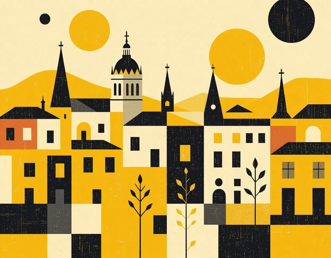 Minimalist Yellow and Gold Cityscape Inspired by Bauhaus Art