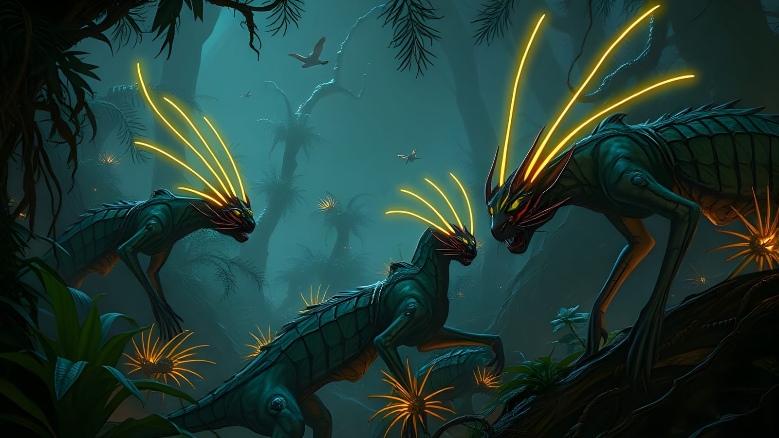 Alien Predators in a Glowing Jungle