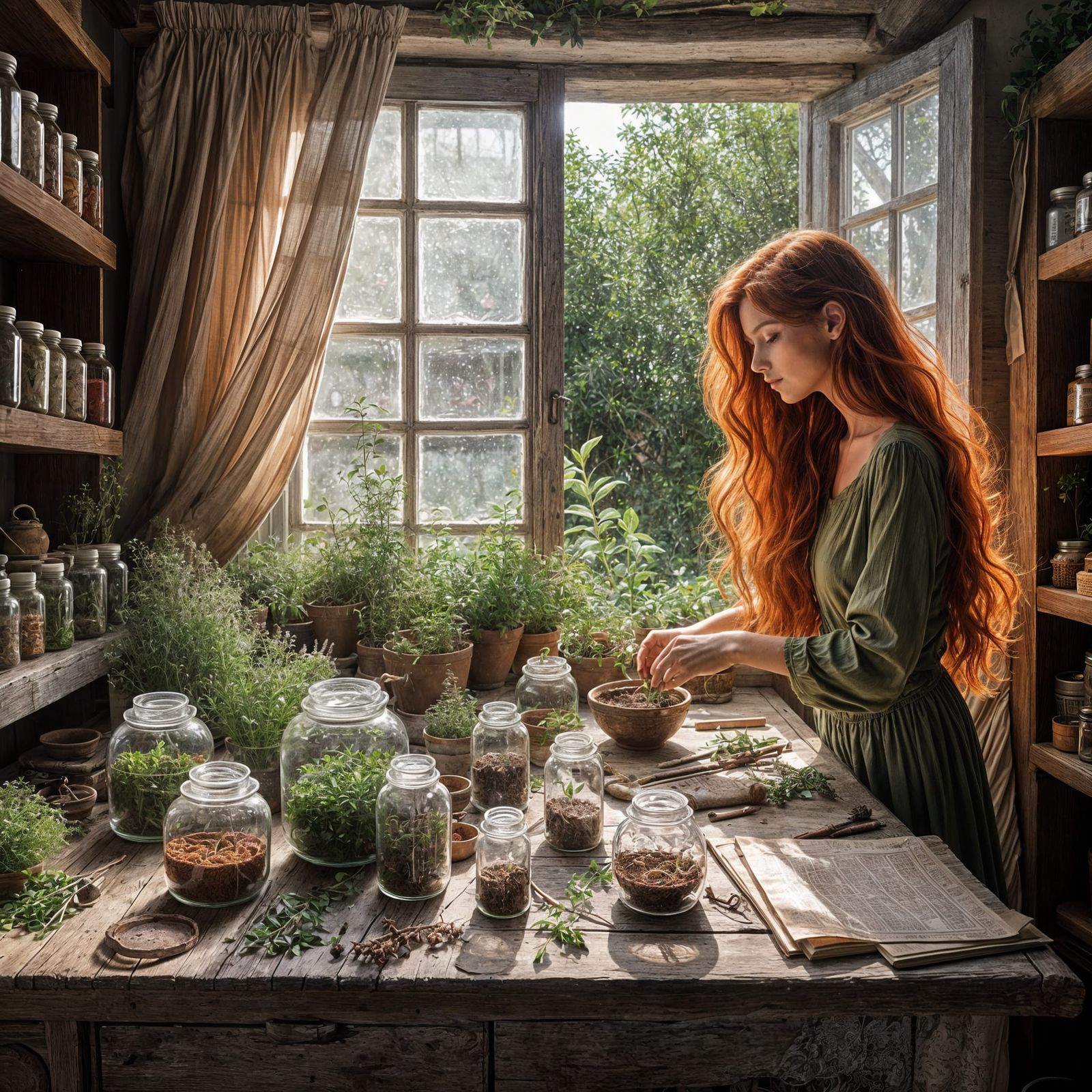 Herbalist in Quaint Apothecary with Herbal Garden