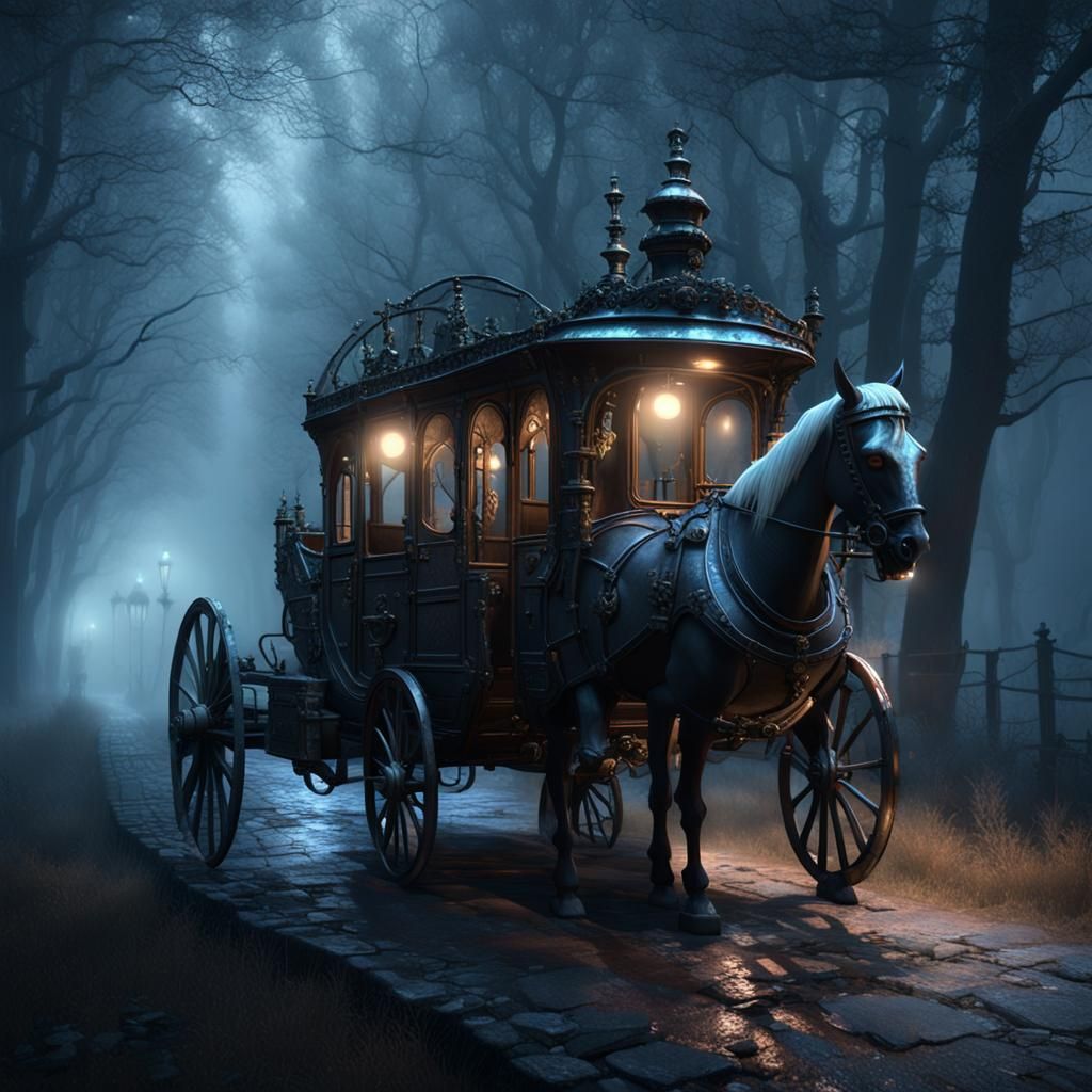 Steampunk Carriage in Dark Oak Alley, Beksiński Style