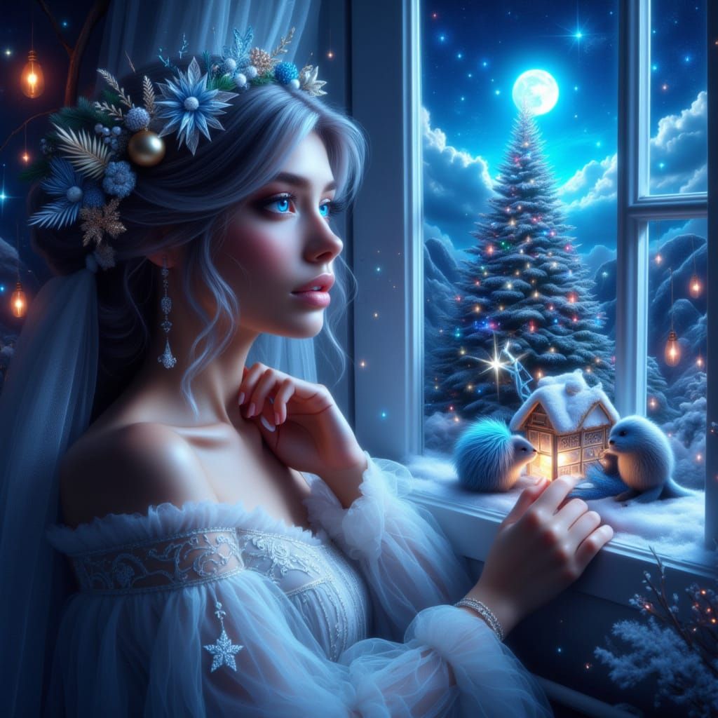 Young Woman Gazes at Santa's Sleigh in Watercolor Style