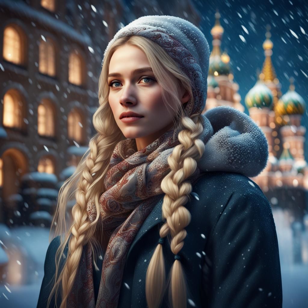 Young Woman in Moscow Square at Night