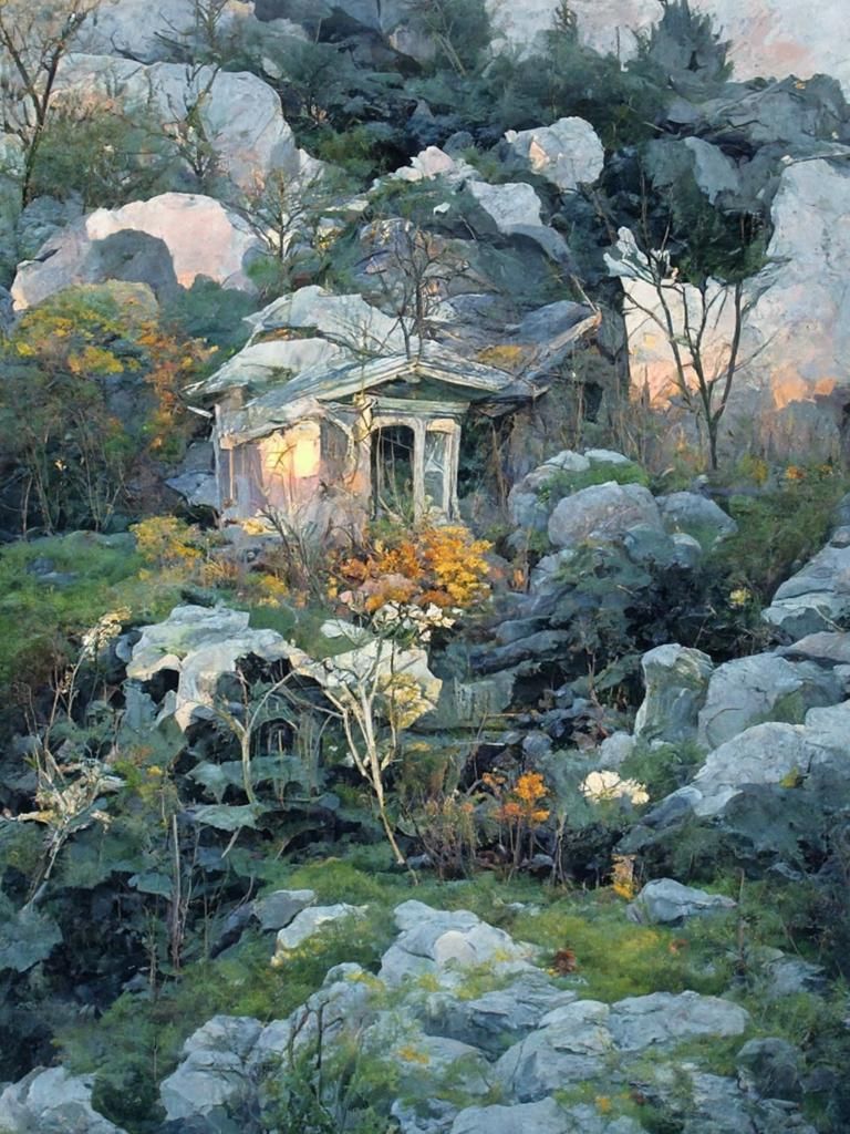 Moss Cottage with Spooky Garden: Watercolor Illustration