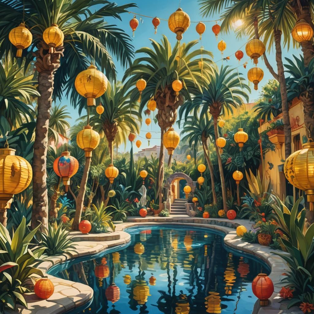 Surreal Pool Party in a Lush Garden